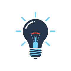 A stylized, dark blue light bulb with a glowing filament, radiating light beams against a white background, symbolizing innovation and bright ideas.
