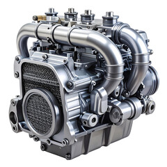 Industrial marvel of engine's design Isolated On White Background: A detailed, close-up view reveals the intricate structure of an engine, showcasing its complexity.
