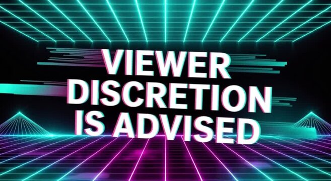 Digital neon grid with warning message about viewer discretion in futuristic style