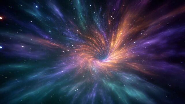 A vibrant and colorful nebula with a swirling vortex in the center, resembling a cosmic phenomenon in deep space
