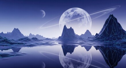 Alien Landscape With Ringed Planet and Moon Reflection