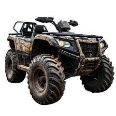 Fototapeta premium Muddy ATV in Action Isolated On White Background: An all-terrain vehicle, covered in mud, ready to take on any challenge. 