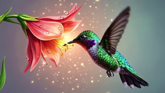 hummingbird with shimmering feathers drinking nectar from a glowing exotic flower