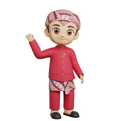 3D illustration of Indonesian boy wearing red traditional outfit with batik skirt, waving hand, representing cultural heritage, ethnic identity, handmade textile, and tradition.