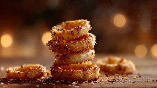 A stack of crispy golden onion rings seasoned with spices, with a bokeh background and falling seasoning