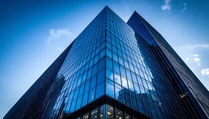 Obraz premium Modern glass skyscraper against a vibrant blue sky