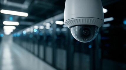 A modern security camera mounted in a server room, monitoring data center racks with blue led lights in the background - Powered by Adobe