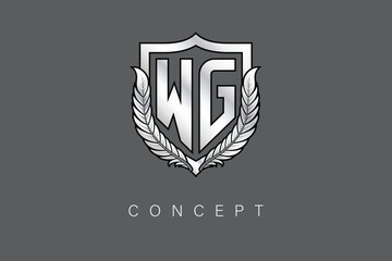 WG Creative Initial Letter Logo with Shield and Laurel Wreath Silver Metallic Branding Emblem on Gray Background.