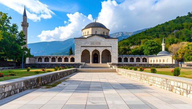 A serene, light-filled exterior view of a grand mosque, nestled amongst lush greenery and rolling mountains, with a paved pathway leading to the imposing structure. - Powered by Adobe