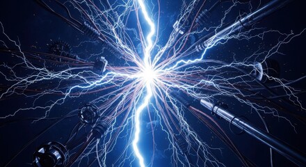 Powerful electrical discharge illuminating the central hub of a complex network