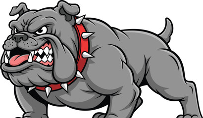 Cartoon bulldog mascot, aggressive guard dog illustration, muscular gray bulldog with spiked collar, fierce animal vector art, tough canine sports team logo design