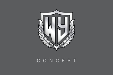 WY Creative Initial Letter Logo with Shield and Laurel Wreath Silver Metallic Branding Emblem on Gray Background.