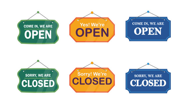 Set of open and closed hanging sign boards on the door. sign for cafe, restaurant, bar or retail store. Announcement banner, information signage for business or service.