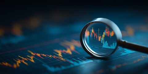 Magnifying glass focusing on candlestick chart, showcasing market analysis on a dark background, concept for financial review, investment strategy and business intelligence data analysis