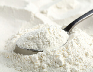 A spoonful of powdered milk on a pile of powdered milk.