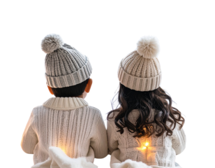 Two children looking out a frosted window on Christmas Eve, soft candlelight glow and 