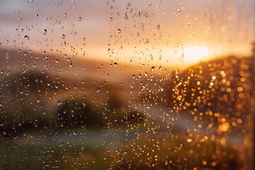 Close-up of raindrops on glass with blurred warm sunset and a soft focus background, concept for climate change visuals, weather related articles and calming background usage