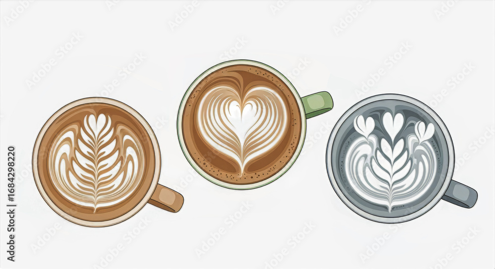 Poster aerial view of three cups of latte art showcasing different designs on a white background surface to
