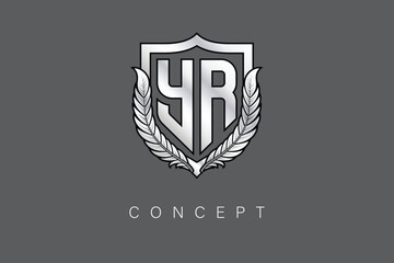 YR Creative Initial Letter Logo with Shield and Laurel Wreath Silver Metallic Branding Emblem on Gray Background.