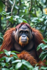 Obraz premium Orangutan Portrait Amidst Lush Green Foliage Majestic Primate