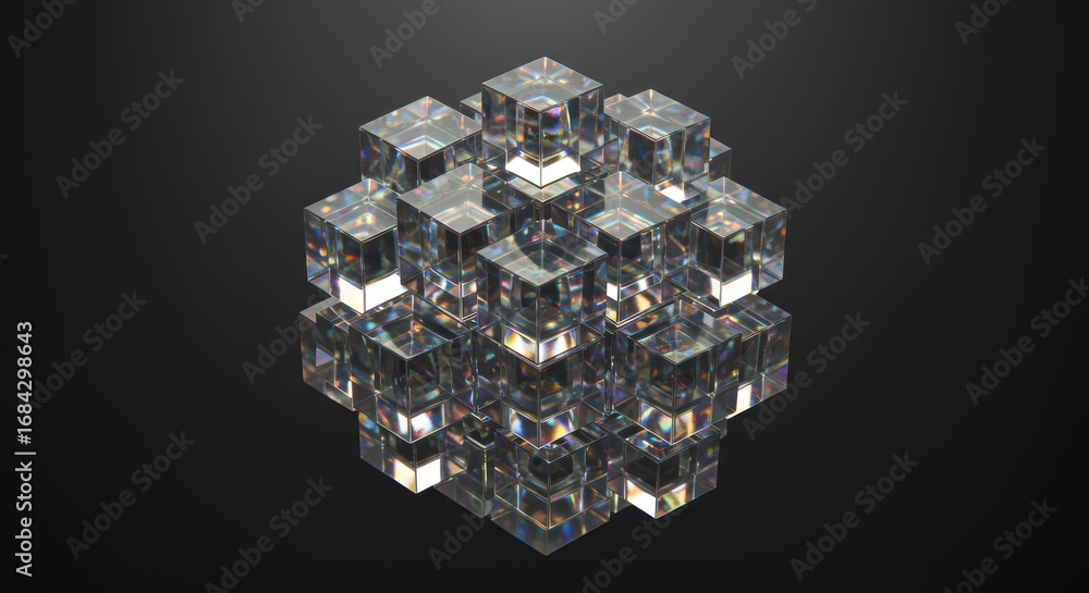 Poster a complex, translucent cube structure forms a geometric sphere against a dark backdrop, showcasing i