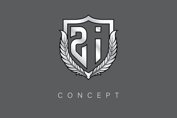 ZI Creative Initial Letter Logo with Shield and Laurel Wreath Silver Metallic Branding Emblem on Gray Background.