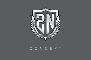 Fototapeta premium ZN Creative Initial Letter Logo with Shield and Laurel Wreath Silver Metallic Branding Emblem on Gray Background.