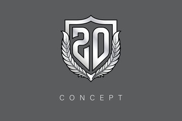ZO Creative Initial Letter Logo with Shield and Laurel Wreath Silver Metallic Branding Emblem on Gray Background.