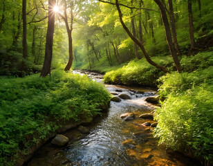 Obraz premium A beautiful green Forest creek in warm sunlight.