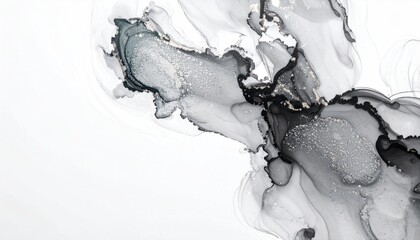 Abstract Ink Smudges on White Plaster: Grey and Silver Fluid Art Texture