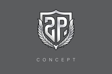 ZP Creative Initial Letter Logo with Shield and Laurel Wreath Silver Metallic Branding Emblem on Gray Background.