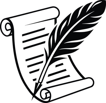 A classic quill pen rests on a rolled parchment scroll with lines of text symbolizing writing literature history and the art of storytelling