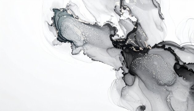 Abstract Ink Smudges on White Plaster: Grey and Silver Fluid Art Texture
