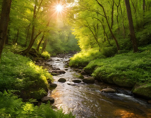 Obraz premium A beautiful green Forest creek in warm sunlight. A stream in the forest.
