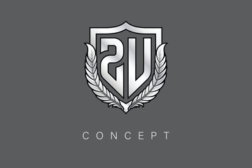 ZU Creative Initial Letter Logo with Shield and Laurel Wreath Silver Metallic Branding Emblem on Gray Background.