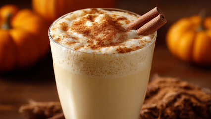 Warm pumpkin spice latte topped with frothy foam and cinnamon stick creating cozy autumn feeling perfect for chilly days
