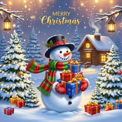 Happy Winter Holiday Snowman with Presents in Snowy Forest