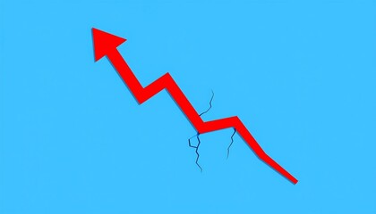 Red upward trending arrow with zigzag pattern, a light blue background, and a disruptive element at the base