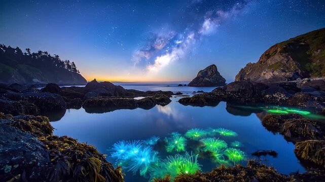 Stunning Milky Way galaxy arcs over serene ocean tide pools with glowing anemones at twilight