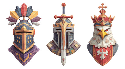 Obraz premium Artistic Representation of Three Unique Medieval Helmets with Decorative Elements