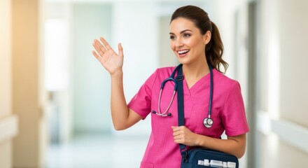 Smiling nurse waves hello in hospital hallway wearing pink scrubs