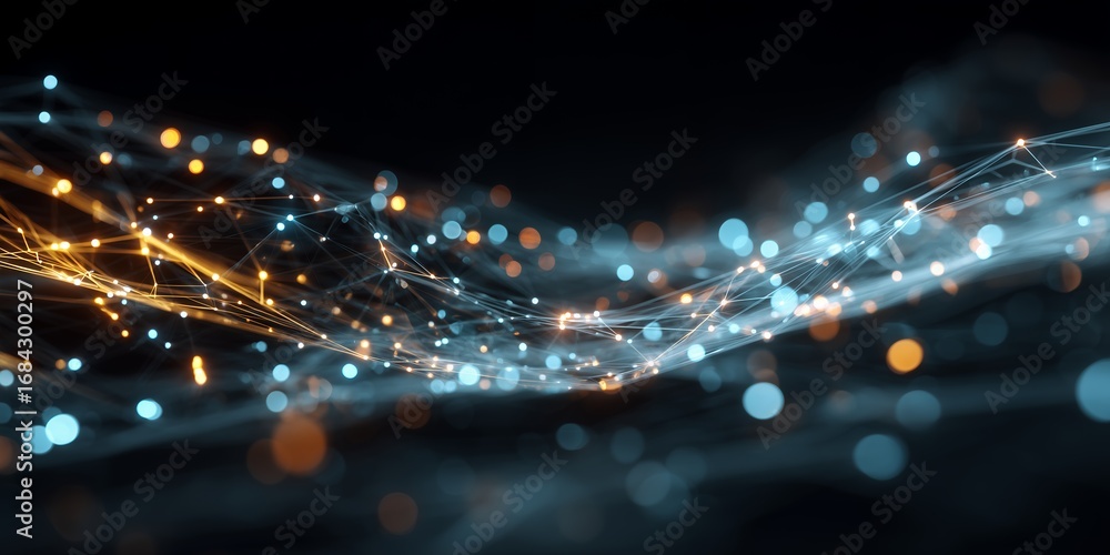 Poster abstract digital network with blue and gold glowing nodes and blurred bokeh effects on dark backgrou