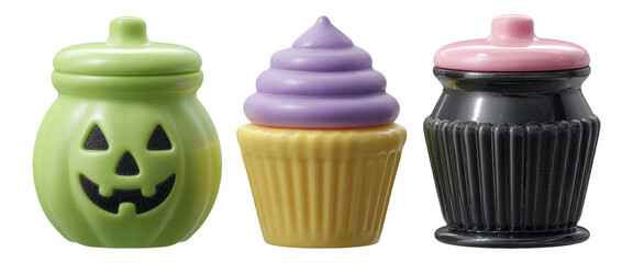 Isolated Halloween-themed containers in various colors on a transparent background