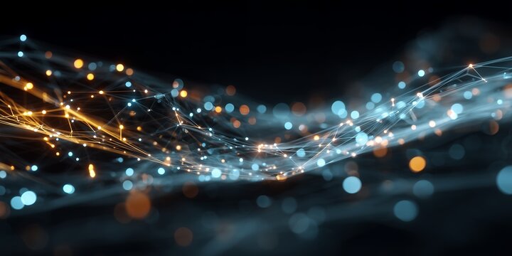Abstract digital network with blue and gold glowing nodes and blurred bokeh effects on dark background, concept for data visualization, technological innovation and future science