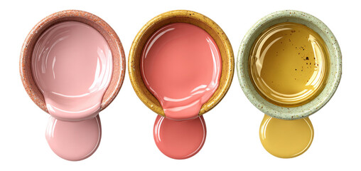 Three Bowls of Liquid Paint in Soft Colors Isolated on a Transparent Background