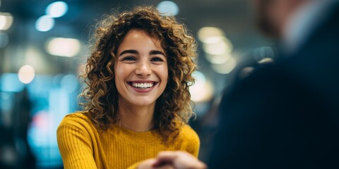 Smiling woman with curly hair in yellow sweater engaging in a meeting, concept for professional networking, collaborative projects, and career advancement