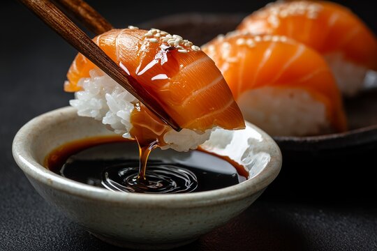 Close-up of salmon sushi with rice being dipped into soy sauce using chopsticks, dark background. Concept for gourmet cuisine, asian restaurants and culinary experiences - Powered by Adobe