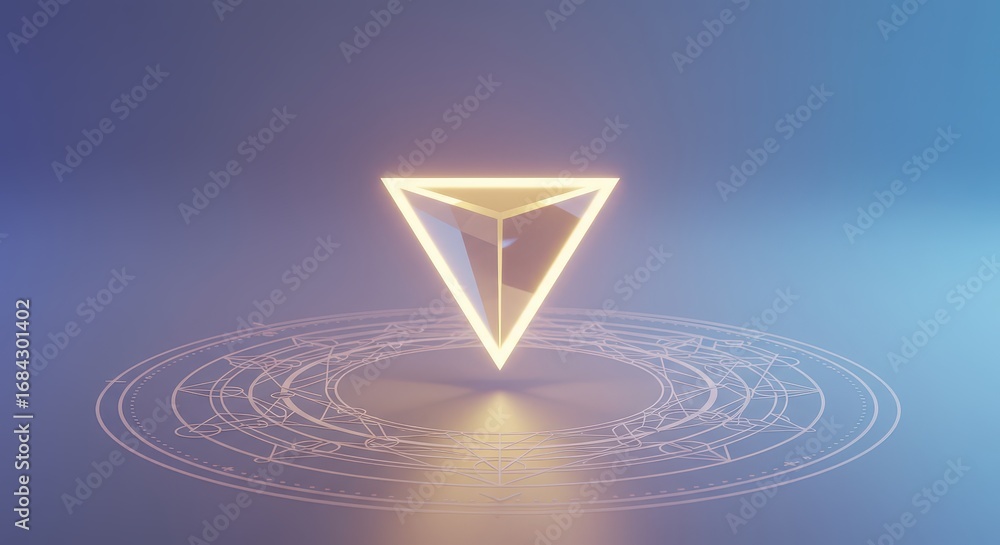 Poster illuminated triangular form rests on a mystical circle design, bathed in soft pastel hues.