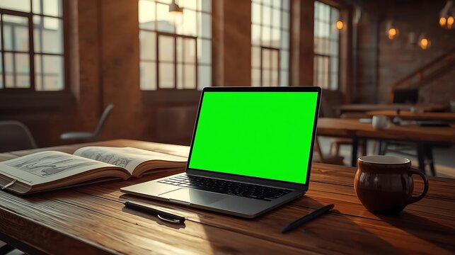 Sunlit rustic office desk featuring a laptop with a chroma key green screen, ideal for remote work concepts and digital mockups