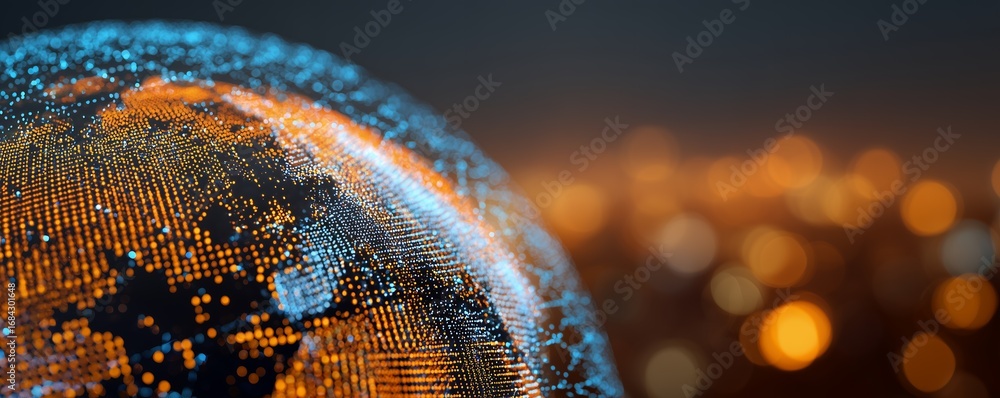 Poster abstract sphere constructed from glowing dots against a blurred background of bokeh lights, concept 